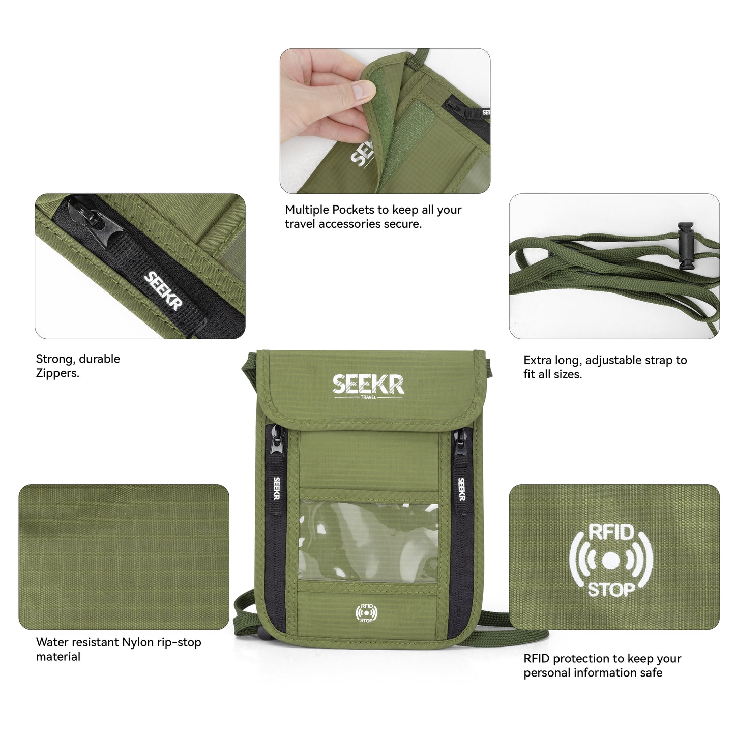 SEEKR TRAVEL Passport Holder Travel Wallet - Bonus Travel Eye Mask - RFID Blocking with Neck Strap - Store Cards, Phone, Cash, Tickets and Travel Accessories - Water Resistant - Unisex (Green)