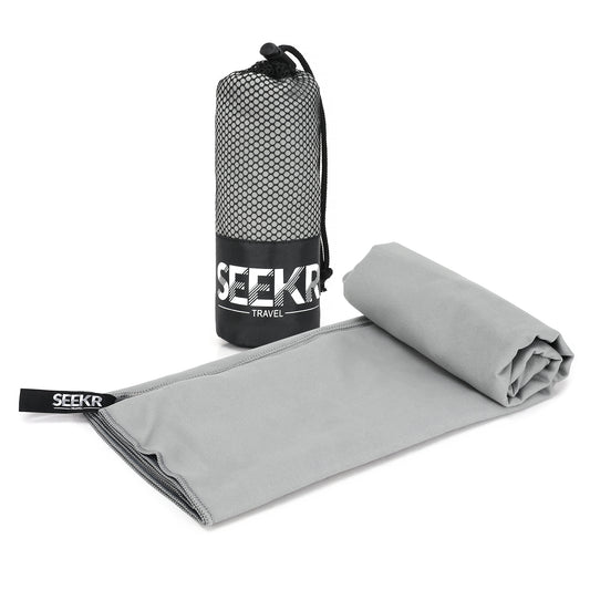 Seekr Travel Quick Dry Microfibre Travel Towel with Mesh Case 120cm x 60cm - Fast Drying, Compact Towels - Essentials for Camping, Backpacking, Yoga, Swimming, Gym, Fitness and Beach - Unisex - Grey