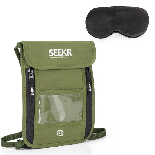 SEEKR TRAVEL Passport Holder Travel Wallet - Bonus Travel Eye Mask - RFID Blocking with Neck Strap - Store Cards, Phone, Cash, Tickets and Travel Accessories - Water Resistant - Unisex (Green)