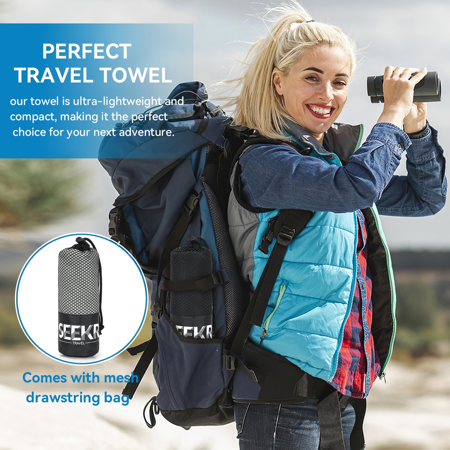 Seekr Travel Quick Dry Microfibre Travel Towel with Mesh Case 120cm x 60cm - Fast Drying, Compact Towels - Essentials for Camping, Backpacking, Yoga, Swimming, Gym, Fitness and Beach - Unisex