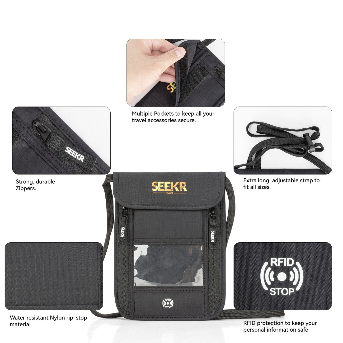 SEEKR TRAVEL Passport Holder Travel Wallet - Bonus Travel Eye Mask - RFID Blocking with Neck Strap - Store Cards, Phone, Cash, Tickets and Travel Accessories - Water Resistant - Unisex (Black)