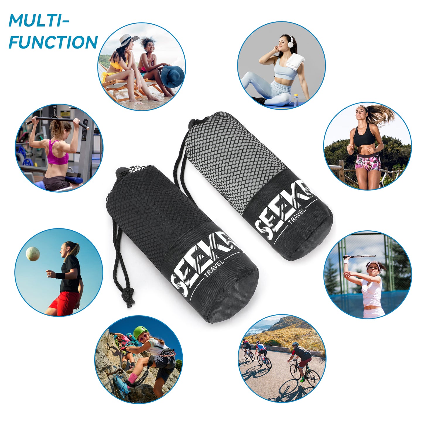 Seekr Travel Quick Dry Microfibre Travel Towel with Mesh Case 120cm x 60cm - Fast Drying, Compact Towels - Essentials for Camping, Backpacking, Yoga, Swimming, Gym, Fitness and Beach - Unisex