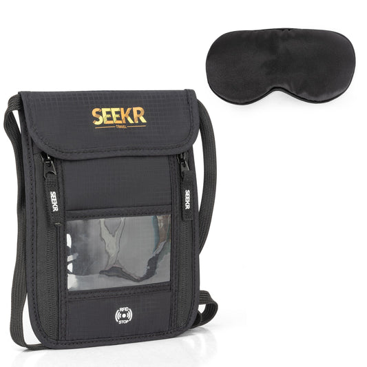 SEEKR TRAVEL Passport Holder Travel Wallet - Bonus Travel Eye Mask - RFID Blocking with Neck Strap - Store Cards, Phone, Cash, Tickets and Travel Accessories - Water Resistant - Unisex (Black)